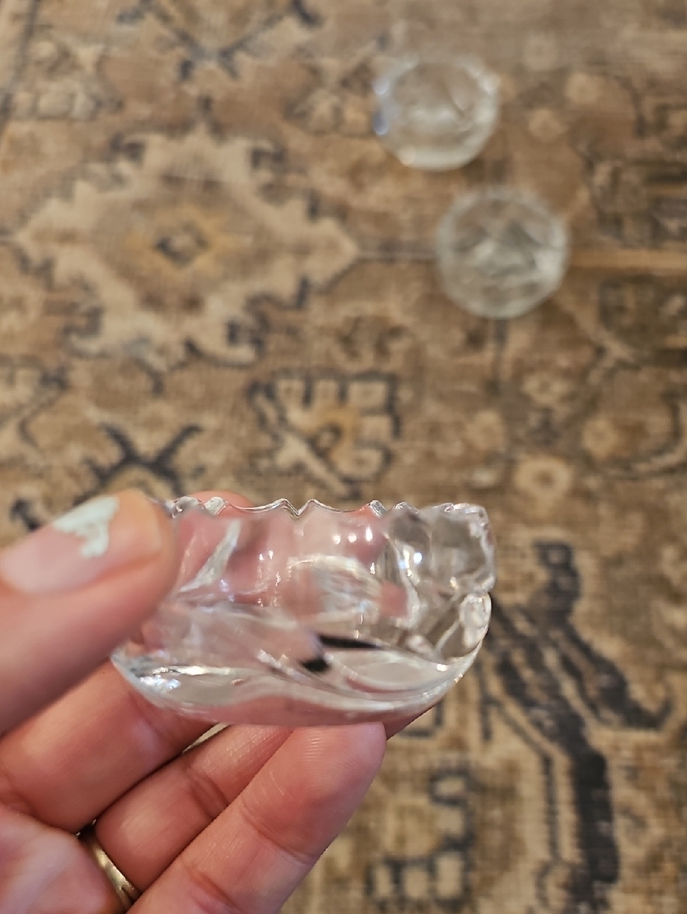 SALE! Set of 5 Glass Open Salt Cellars, Etched Floral And Sawtooth Rim - Picture 10 of 16